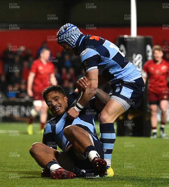 050419 - Munster v Cardiff Blues - Guinness PRO14 -  Rey Lee-Lo of Cardiff Blues celebrates with team-mate Matthew Morgan after scoring his side's third try 