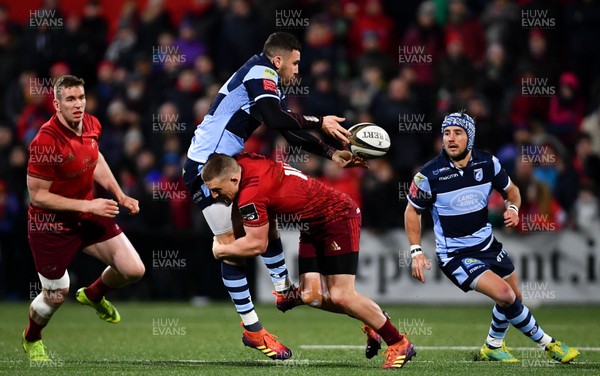 050419 - Munster v Cardiff Blues - Guinness PRO14 -  Aled Summerhill of Cardiff Blues is tackled by Andrew Conway of Munster 