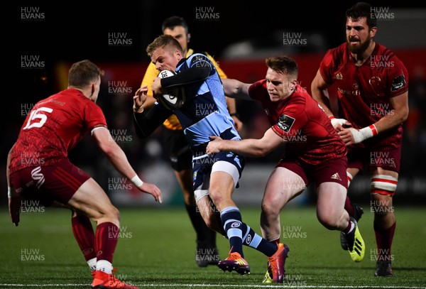 050419 - Munster v Cardiff Blues - Guinness PRO14 -  Gareth Anscombe of Cardiff Blues is tackled by Rory Scannell of Munster