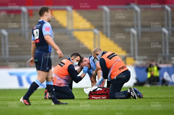 280521 - Munster v Cardiff Blues - Guinness PRO14 Rainbow Cup - Corey Domachowski of Cardiff Blues receives medical attention for an injury