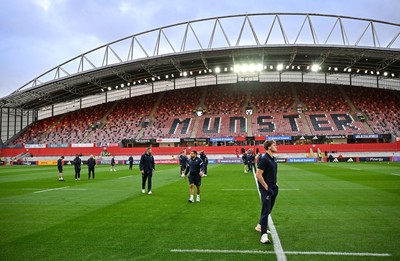 041025 - Munster v Cardiff Rugby, United Rugby Championship - Cardiff Rugby players walk the pitch before the United Rugby Championship match between Munster and Cardiff Rugby