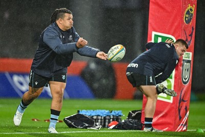 041025 - Munster v Cardiff Rugby, United Rugby Championship - Javan Sebastian of Cardiff Rugby warms-up