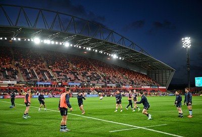 041025 - Munster v Cardiff Rugby, United Rugby Championship - A general view as Cardiff players warm-up before the United Rugby Championship match between Munster and Cardiff Rugby at Thomond Park in Limerick