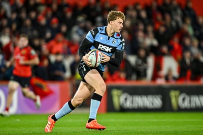 041025 - Munster v Cardiff Rugby, United Rugby Championship - Jacob Beetham of Cardiff Rugby looks to attack