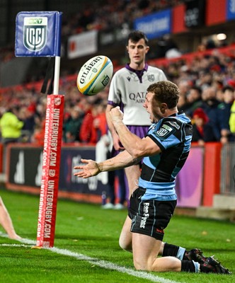 041025 - Munster v Cardiff Rugby, United Rugby Championship - Tom Bowen of Cardiff Rugby celebrates after scoring his side's second try