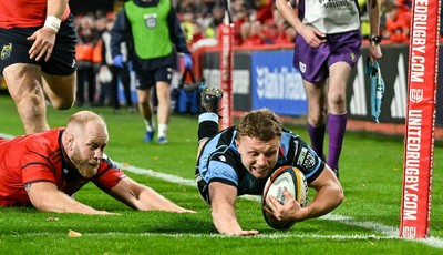 041025 - Munster v Cardiff Rugby, United Rugby Championship - Tom Bowen of Cardiff Rugby scores his side's second try