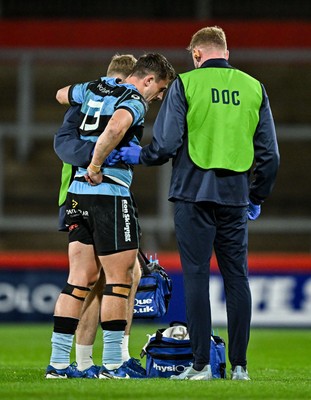 041025 - Munster v Cardiff Rugby, United Rugby Championship - Harri Millard of Cardiff Rugby receives medical attention 