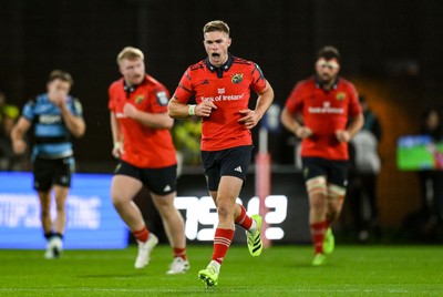 041025 - Munster v Cardiff Rugby, United Rugby Championship - Jack Crowley of Munster celebrates after kicking a drop goal late in the game