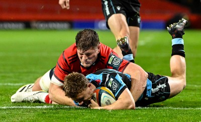041025 - Munster v Cardiff Rugby, United Rugby Championship - Tom Bowen of Cardiff Rugby scores his side's fourth try