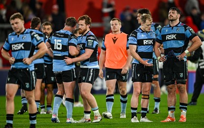 041025 - Munster v Cardiff Rugby, United Rugby Championship - Cardiff players show dejection after their side's defeat in the United Rugby Championship match between Munster