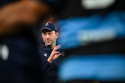 041025 - Munster v Cardiff Rugby, United Rugby Championship - Cardiff Rugby head coach Corniel van Zyl speaks to players after their side's defeat in the United Rugby Championship against Munster