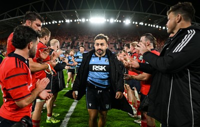 041025 - Munster v Cardiff Rugby, United Rugby Championship - Cardiff captain Liam Belcher leads his team off the pitch after their defeat in the United Rugby Championship match against Munster