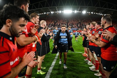041025 - Munster v Cardiff Rugby, United Rugby Championship - Cardiff captain Liam Belcher leads his team off the pitch after their defeat in the United Rugby Championship match against Munster