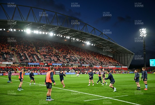 041025 - Munster v Cardiff Rugby, United Rugby Championship - A general view as Cardiff players warm-up before the United Rugby Championship match between Munster and Cardiff Rugby at Thomond Park in Limerick