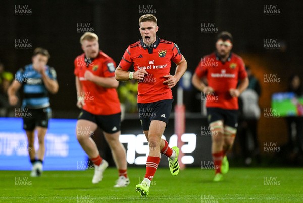 041025 - Munster v Cardiff Rugby, United Rugby Championship - Jack Crowley of Munster celebrates after kicking a drop goal late in the game
