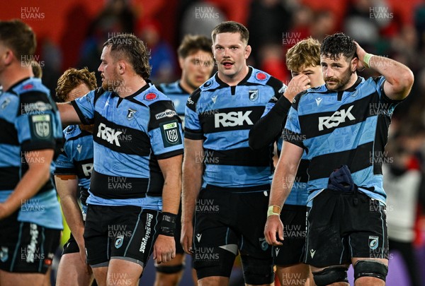 041025 - Munster v Cardiff Rugby, United Rugby Championship - Cardiff players show dejection after their side's defeat in the United Rugby Championship match between Munster