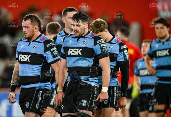 041025 - Munster v Cardiff Rugby, United Rugby Championship - Cardiff players dejected after the United Rugby Championship match against Munster