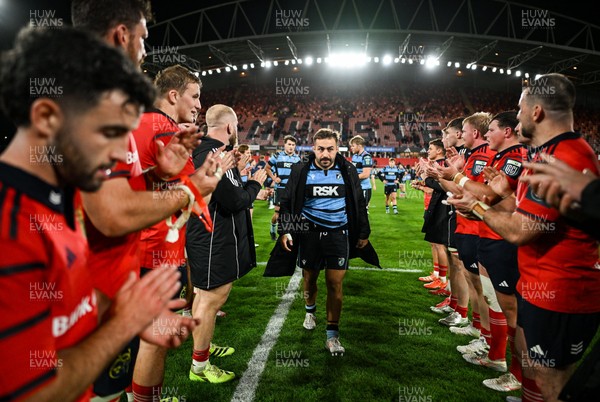 041025 - Munster v Cardiff Rugby, United Rugby Championship - Cardiff captain Liam Belcher leads his team off the pitch after their defeat in the United Rugby Championship match against Munster