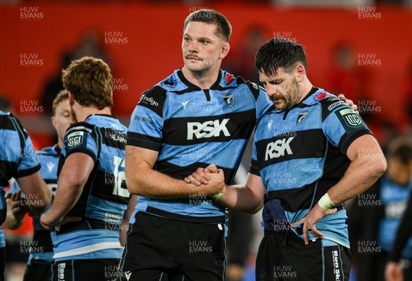 041025 - Munster v Cardiff Rugby, United Rugby Championship - Cardiff players show the dejection at the final whistle