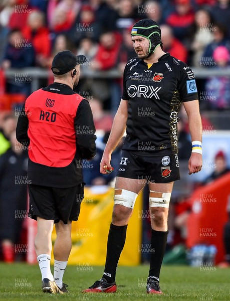 050322 - Munster v Dragons - United Rugby Championship - Joe Maksymiw of Dragons with the Ukrainian flag on his wrist tape