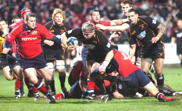 280106  Munster v Gwent Dragons  Rhys Thomas tries to reach the tryline   