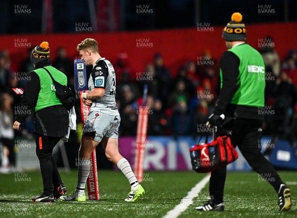 041123 - Munster v Dragons - United Rugby Championship - Angus O’Brien of Dragons leaves the pitch due to injury