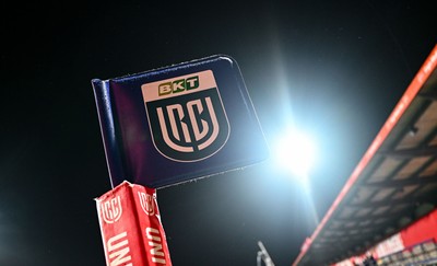 230126 - Munster v Dragons RFC - United Rugby Championship - A general view of a URC flag at Virgin Media Park