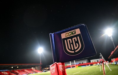 230126 - Munster v Dragons RFC - United Rugby Championship - A general view of a URC flag at Virgin Media Park