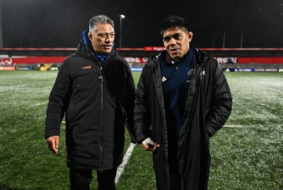 230126 - Munster v Dragons RFC - United Rugby Championship - Michael Ala'alatoa of Munster, right, and Dragons head coach Filo Tiatia after the match
