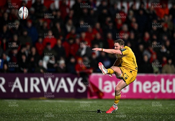 230126 - Munster v Dragons RFC - United Rugby Championship - Angus O'Brien of Dragons kicks a conversion