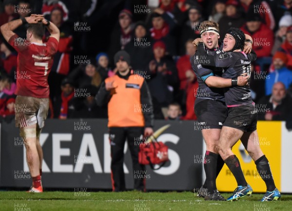 140216 - Munster v Ospreys - Guinness PRO12 - Scott Otten (left) and Sam Davies of Ospreys celebrate at the final whistle