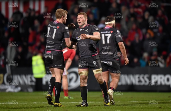 140216 - Munster v Ospreys - Guinness PRO12 - Sam Underhill (right) and Ben John of Ospreys celebrate at the final whistle