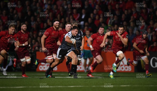 140918 - Munster v Ospreys - Guinness PRO14 -  Luke Morgan of Ospreys on his way to scoring his side's first try 