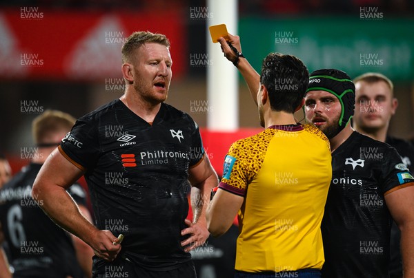 170223 - Munster v Ospreys - United Rugby Championship - Bradley Davies of Ospreys receives a yellow card from referee Gianluca Gnecchi