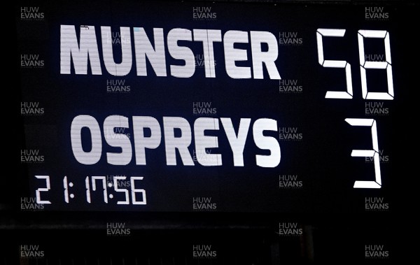 170223 - Munster v Ospreys - United Rugby Championship - A general view of the scoreboard after the match