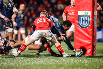 030323 - Munster v Scarlets - United Rugby Championship - Sam Lousi of Scarlets on his way to scoring his side's fourth try