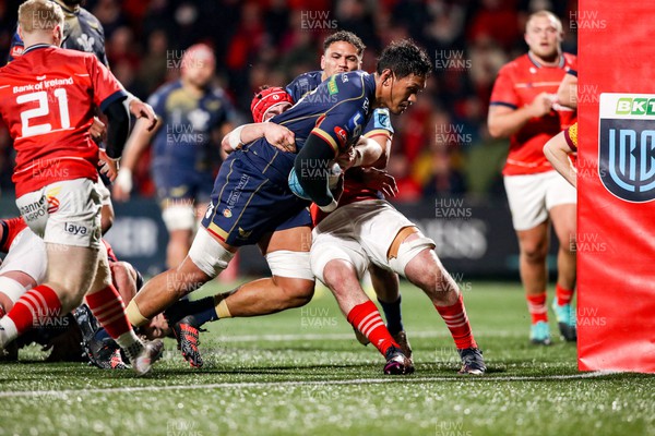 030323 - Munster v Scarlets - United Rugby Championship - Sam Lousi of Scarlets on his way to scoring his side's fourth try