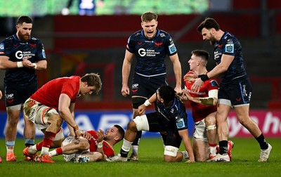 150225 - Munster v Scarlets - United Rugby Championship - Taine Plumtree of Scarlets celebrates a penalty