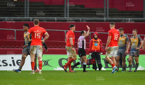 290220 - Munster v Scarlets - Guinness PRO14 -  Sam Lousi of Scarlets, left, is shown a red card by referee Mike Adamson