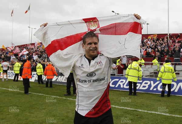 080412 Munster v Ulster - Heineken Cup - Chris Henry sporting an Ulster flag salutes the travelling Ulster fans 