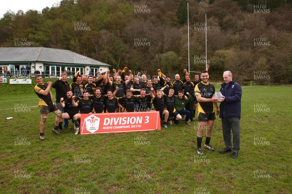 140418 - Nant Conwy 2nds presentation - WRU National League 3 North -  Captain of Nant Conwy Grant Jones receives the League trophy from Alwyn Jones of WRU  