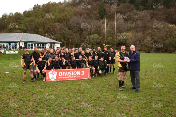 140418 - Nant Conwy 2nds presentation - WRU National League 3 North -  Captain of Nant Conwy Grant Jones receives the League trophy from Alwyn Jones of WRU  