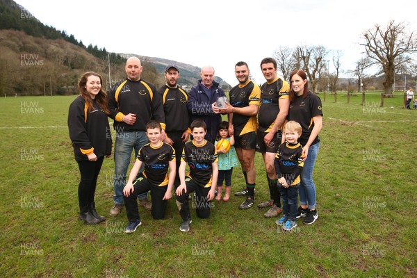 140418 - Nant Conwy 2nds presentation - WRU National League 3 North -  Captain of Nant Conwy Grant Jones and the coaching staff receive the League trophy from Alwyn Jones of WRU  