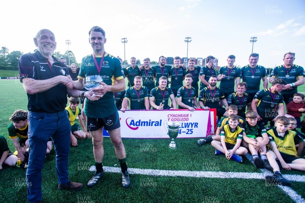 100525 - Nant Conwy League Trophy Presentation - Admiral National League 1 North - Caron Davies receives the trophy from WRU District Representative Alun Roberts