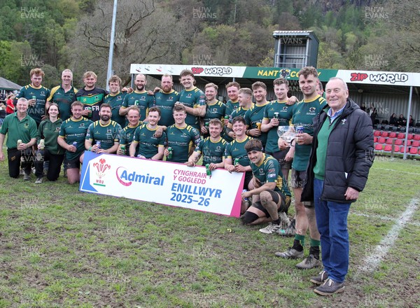 180426 - Nant Conwy v Wrexham - Admiral National League 1 North - Nant Conwy captain Caron Davies is presented with the trophy by Hywel Roberts