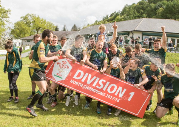 120518 - Nany Conwy v Llangefni - WRU National Division 1 North -  Nant Conwy captain Ifan Jones celebrates winning the division with his team