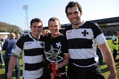 17.04.10 - Neath v Bedwas - Principality Premiership - Kristian Phillips, Kevin Morgan and Peter Sidoli celebrate with the Principality Premiership trophy. 