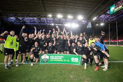 120426 - Neath v Merthyr - Mens Premiership Cup Final - Ben Williams lifts the trophy with his Neath team mates