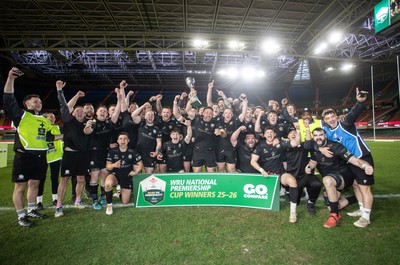 120426 - Neath v Merthyr - Mens Premiership Cup Final - Ben Williams lifts the trophy with his Neath team mates