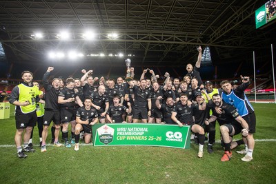 120426 - Neath v Merthyr - Mens Premiership Cup Final - Ben Williams lifts the trophy with his Neath team mates